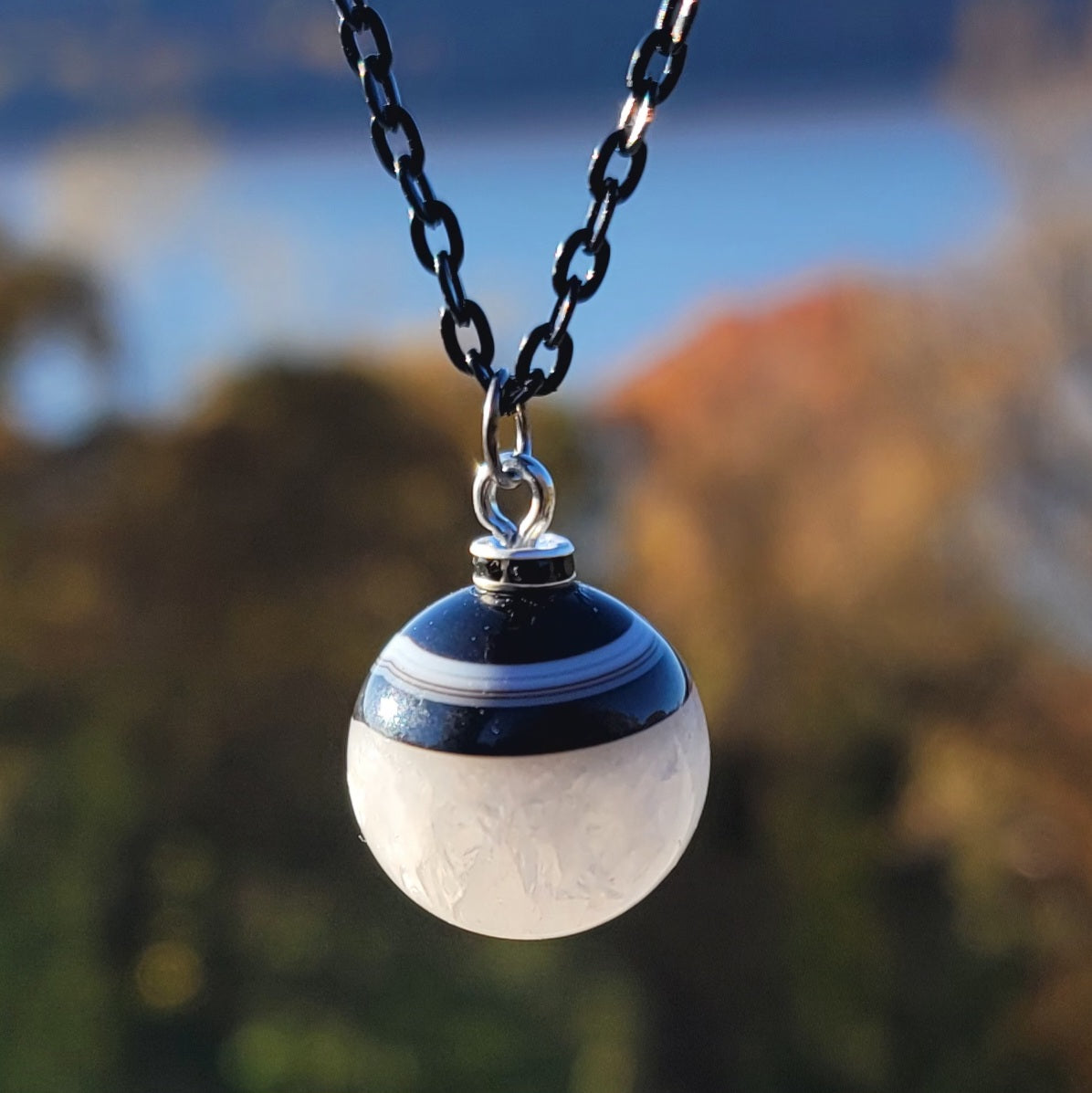 Fascinating Black and White Agate necklace that is sure to delight, with its elegance and uniqueness. Perfect gift for the holiday and beyond. Get it for him or her.