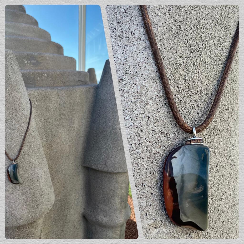 Striking Desert Jasper pendant with contrasting greys and brown. This pendant is surely a head turner. Get as a gift or addition to your collection