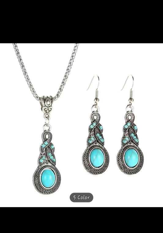 Delightful inlaid turquoise drop earring and necklace set.